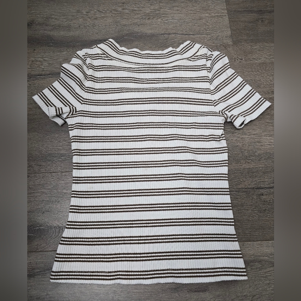 Daily Practice Anthrologie Ribbed Striped Brown White Vneck Size Medium - Picture 6 of 9